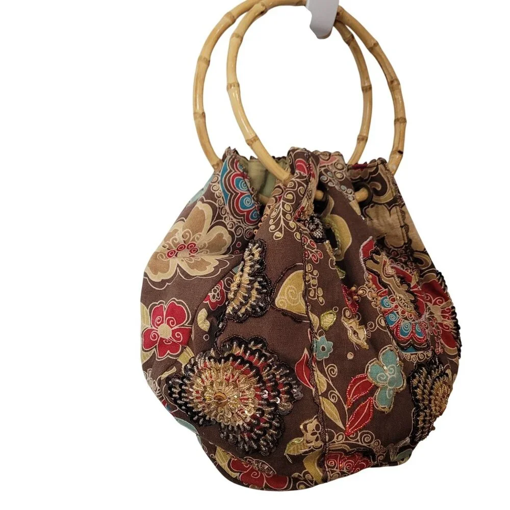 Tianni Floral Embroidered Boho Fabric Handbag With Bamboo Ring Handles